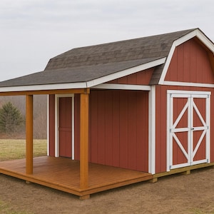 May include: A small, red wooden shed with a brown roof and a porch. The shed has white trim and a double door with a white X design. The porch has wooden posts and a wooden floor.