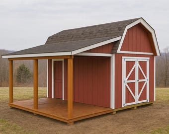 May include: A small, red wooden shed with a brown roof and a porch. The shed has white trim and a double door with a white X design. The porch has wooden posts and a wooden floor.