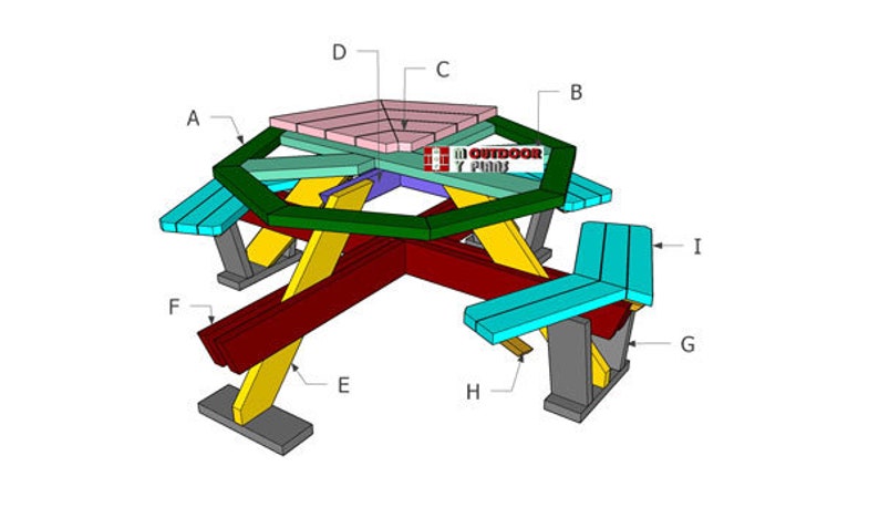 Op de afbeelding: Diagram van een zeshoekige picknicktafel met zes banken. Het tafelblad is roze, de banken zijn blauw en de poten zijn geel, groen en rood. Het diagram is gelabeld met de letters A tot en met I.