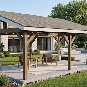 May include: A wooden pergola with a grey shingled roof, supported by sturdy posts. Two grey armchairs and a small table are arranged on a concrete patio. Potted plants and a swimming pool are visible, creating an outdoor living space.