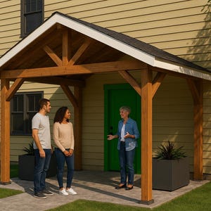 Puede incluir: Tres personas están de pie frente a una casa con un porche de madera. El porche tiene una puerta verde y un techo de madera. Las personas visten ropa informal.