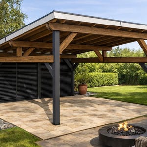 May include: A wooden pergola with a white roof and dark gray support beams. The structure has a patio with a fire pit and seating area. The background features a lush green lawn and trees, creating an outdoor living space.