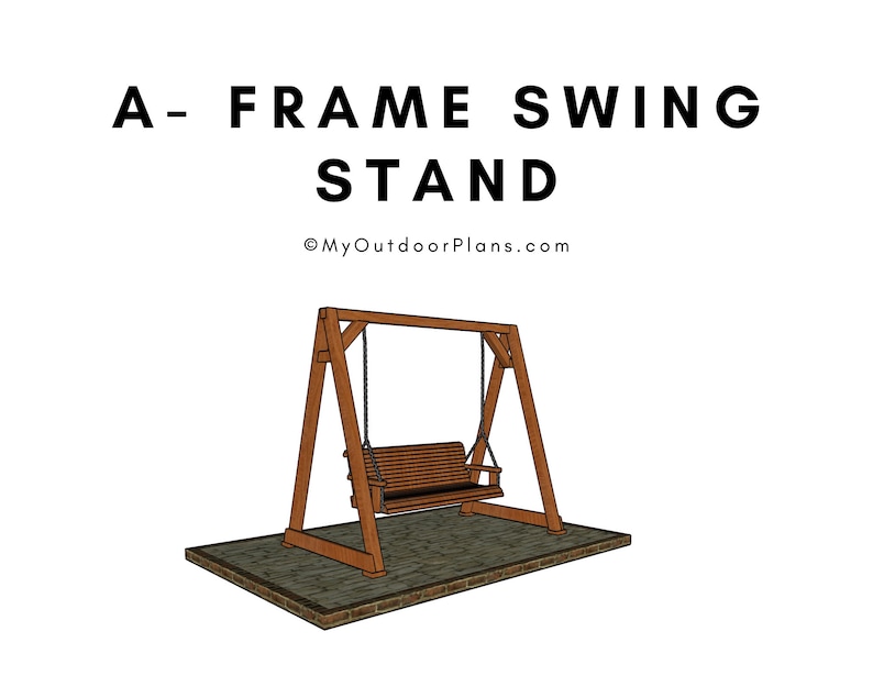 May include: A-Frame swing stand made of wood with a brown wooden swing seat hanging from it. The swing stand is on a brick patio.