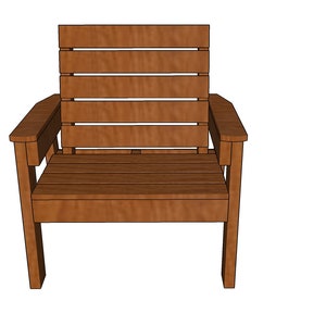 May include: A wooden chair with a slatted back and arms. The chair is brown and has a simple design.