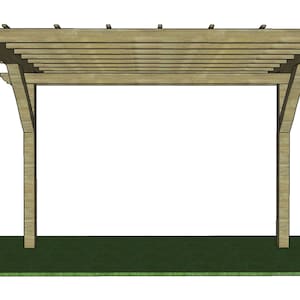 May include: A wooden pergola structure with a slatted roof and two supporting posts. The pergola is constructed from light-colored wood and sits on a green rectangular base, ideal for outdoor spaces.