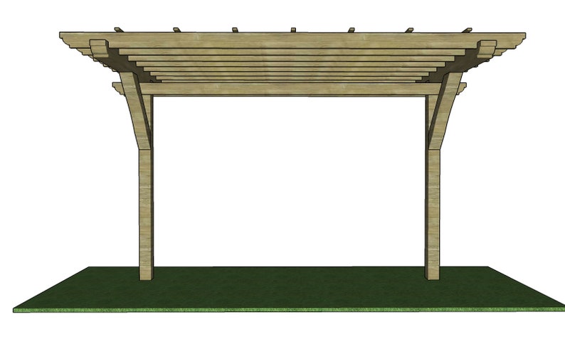 May include: A wooden pergola structure with a slatted roof and two supporting posts. The pergola is constructed from light-colored wood and sits on a green rectangular base, ideal for outdoor spaces.