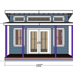 Op de afbeelding: Architecturale tekening van een klein gebouw met een blauwe buitenkant, witte afwerking en een veranda. Het gebouw is 488 cm breed en 264 cm hoog. Voorzien van dubbele deuren, ramen en een schuin dak.
