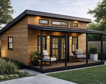 16x20 Modern Office Shed Plans with Front Porch - DIY Large Guest House - PDF Download