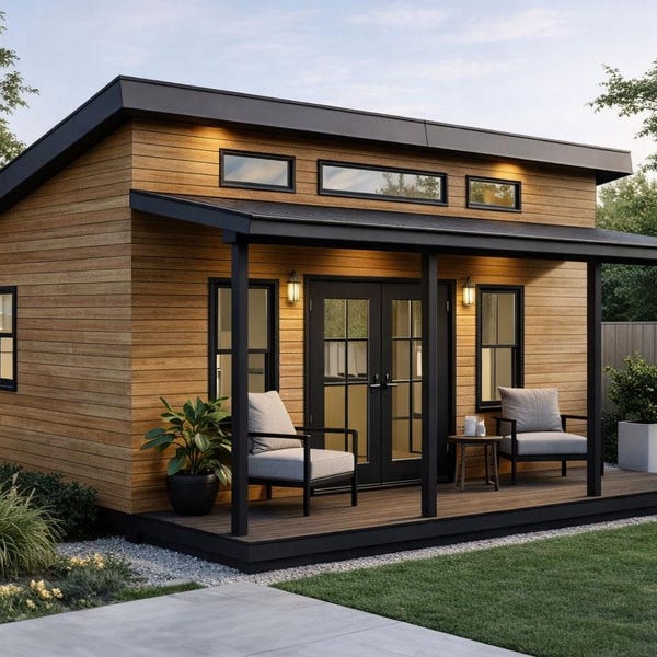 16x20 Modern Office Shed Plans with Front Porch - DIY Large Guest House - PDF Download