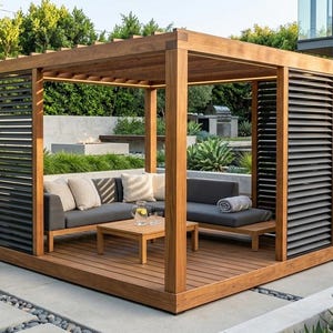 Pode incluir: Um gazebo de madeira ao ar livre com um painel lateral de ripas e um telhado plano. No interior, sofás cinzentos com almofadas bege e uma pequena mesa de madeira. O gazebo é rodeado por vegetação e lajes de pedra.