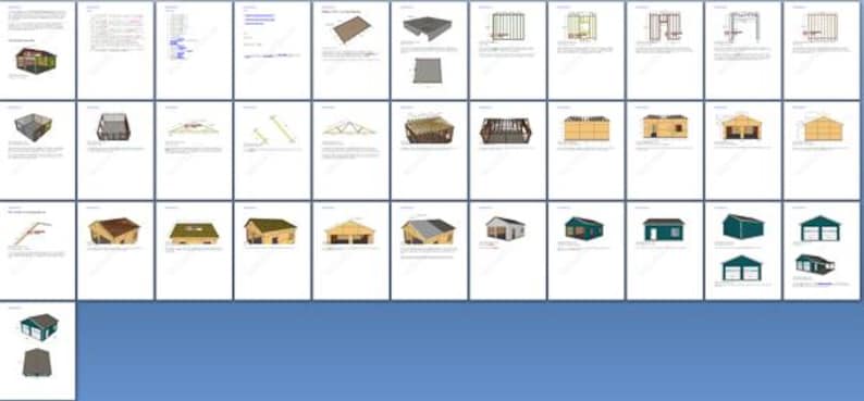 May include: A collection of architectural diagrams and illustrations, showcasing various building designs. The images include detailed drawings of structures, including houses, sheds, and other constructions. The illustrations are presented on white backgrounds.