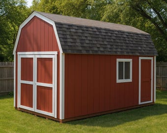 May include: A red barn-style shed with a dark gray shingled roof, white trim, and double doors. The shed has a small window and a single door. It is set on a green lawn.