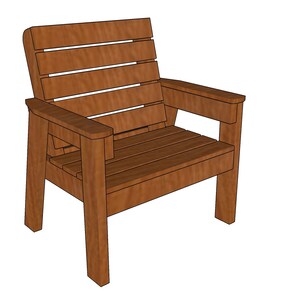 May include: A wooden chair with a slatted back and a wide seat. The chair is made of brown wood and has a simple, rustic design.