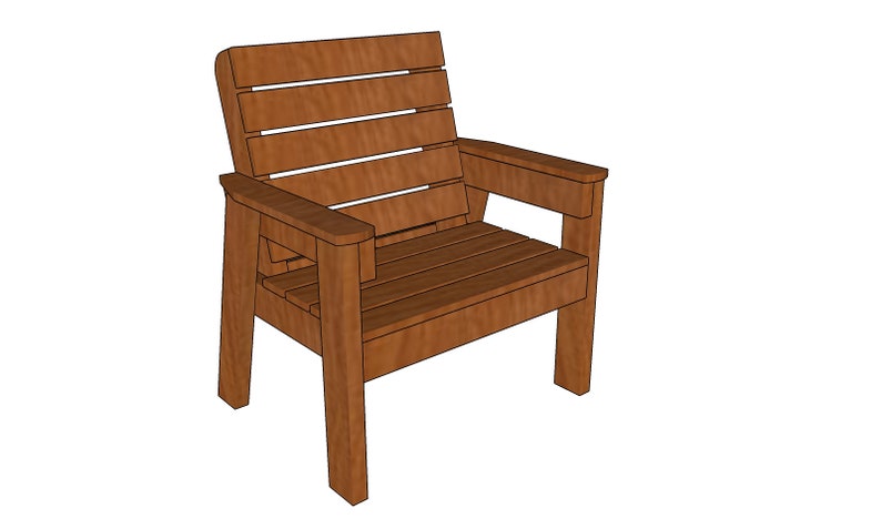 May include: A wooden chair with a slatted back and a wide seat. The chair is made of brown wood and has a simple, rustic design.