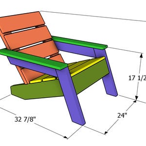 Może przedstawiać: Kolorowe drewniane krzesło Adirondack z zielonymi, fioletowymi i ż&oacute;łtymi akcentami. Krzesło ma 83,5 cm szerokości, 70,5 cm wysokości i 61 cm głębokości.