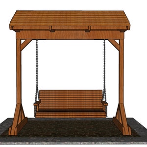 Puede incluir: Un columpio de madera con un techo marr&oacute;n y un asiento de columpio de madera. El columpio est&aacute; sobre una base de hormig&oacute;n gris.