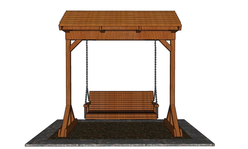 Puede incluir: Un columpio de madera con un techo marr&oacute;n y un asiento de columpio de madera. El columpio est&aacute; sobre una base de hormig&oacute;n gris.