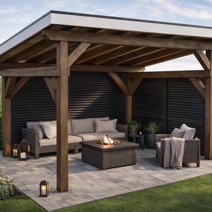 May include: A wooden gazebo with a white roof, featuring a seating area with a sofa, chairs, and a fire pit. The structure is set in a garden, creating a relaxing outdoor space.