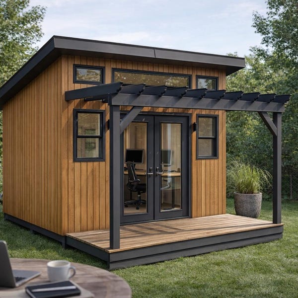 10x12 Guest House Shed Plans - Modern Office Shed with Deck Pergola Guide - PDF Download