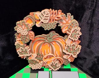 3D Printed Autumn Wreath with Pumpkin multi-layer Mandala. Physical item not a digital file.