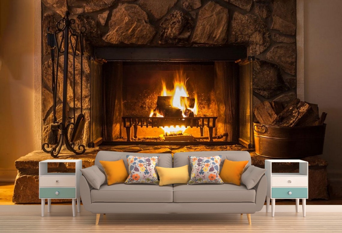 Fireplace Wow Effect Mural Removable Wallpaper Marble Wall Etsy
