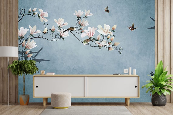 Magnolia on Blue Wallpaper Oriental Style Wall Mural Peel - Etsy Finland