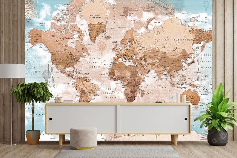 World Map Brown Theme Removable Wallpaper Office Wall Etsy