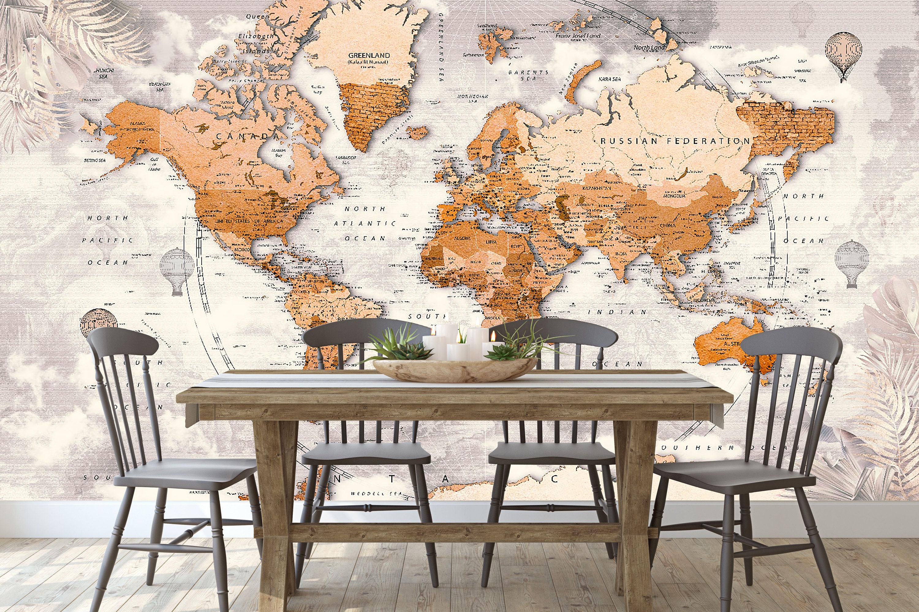 World Map Brown Theme Removable Wallpaper Office Wall Etsy UK