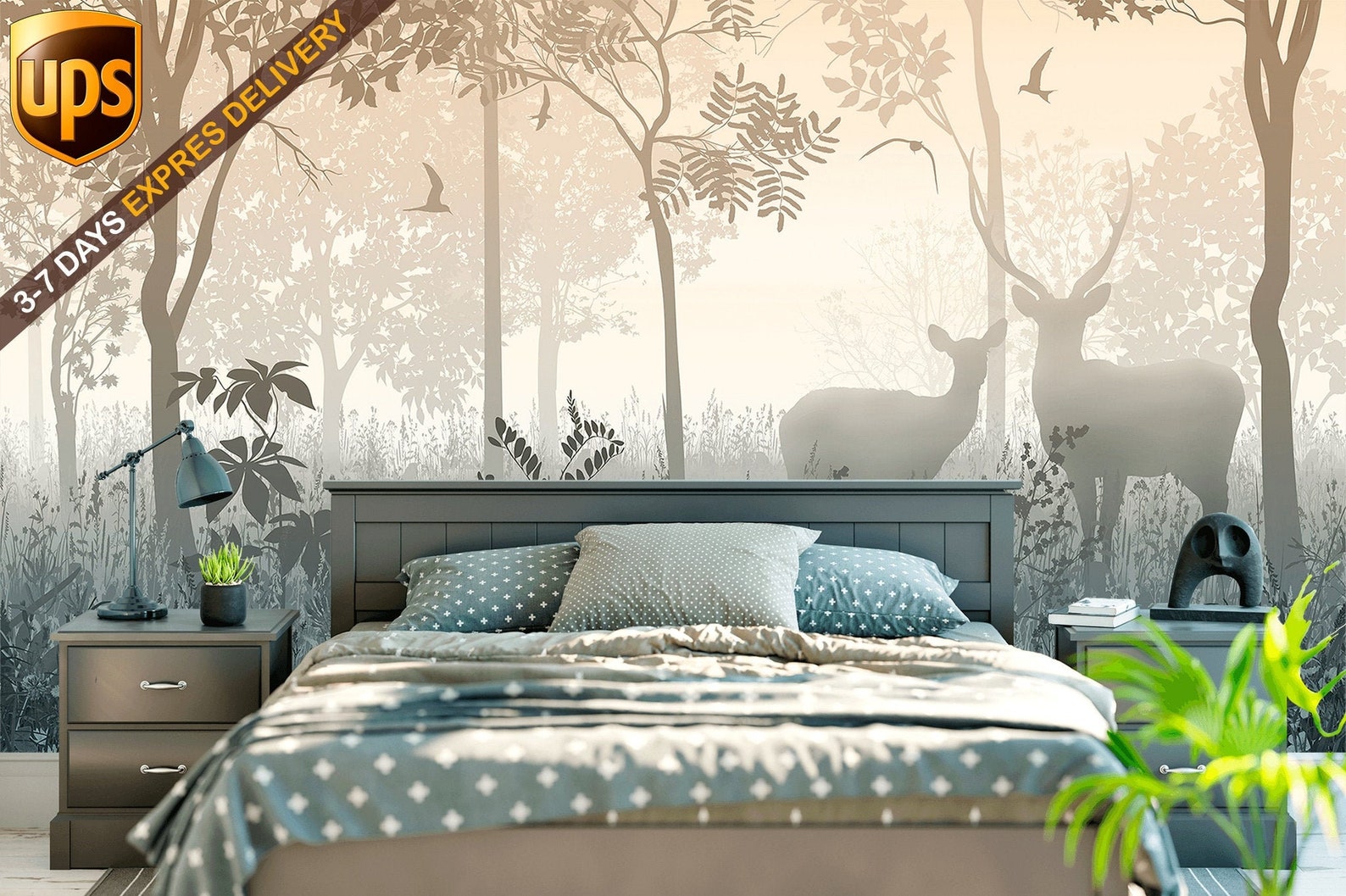 Deer in the Forest Peel and Stick Wallpaper Floral - Etsy