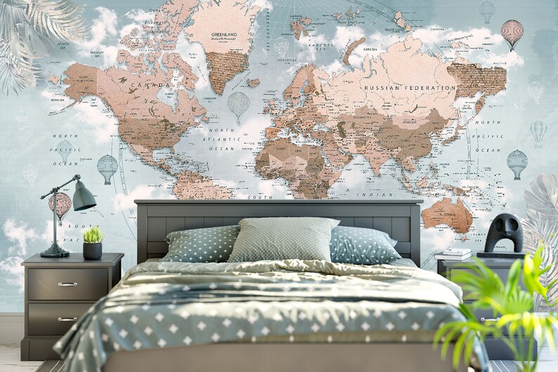 World Map Brown Theme Removable Wallpaper Office Wall Etsy