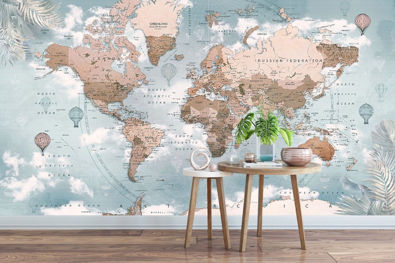 World Map Brown Theme Removable Wallpaper Office Wall Etsy