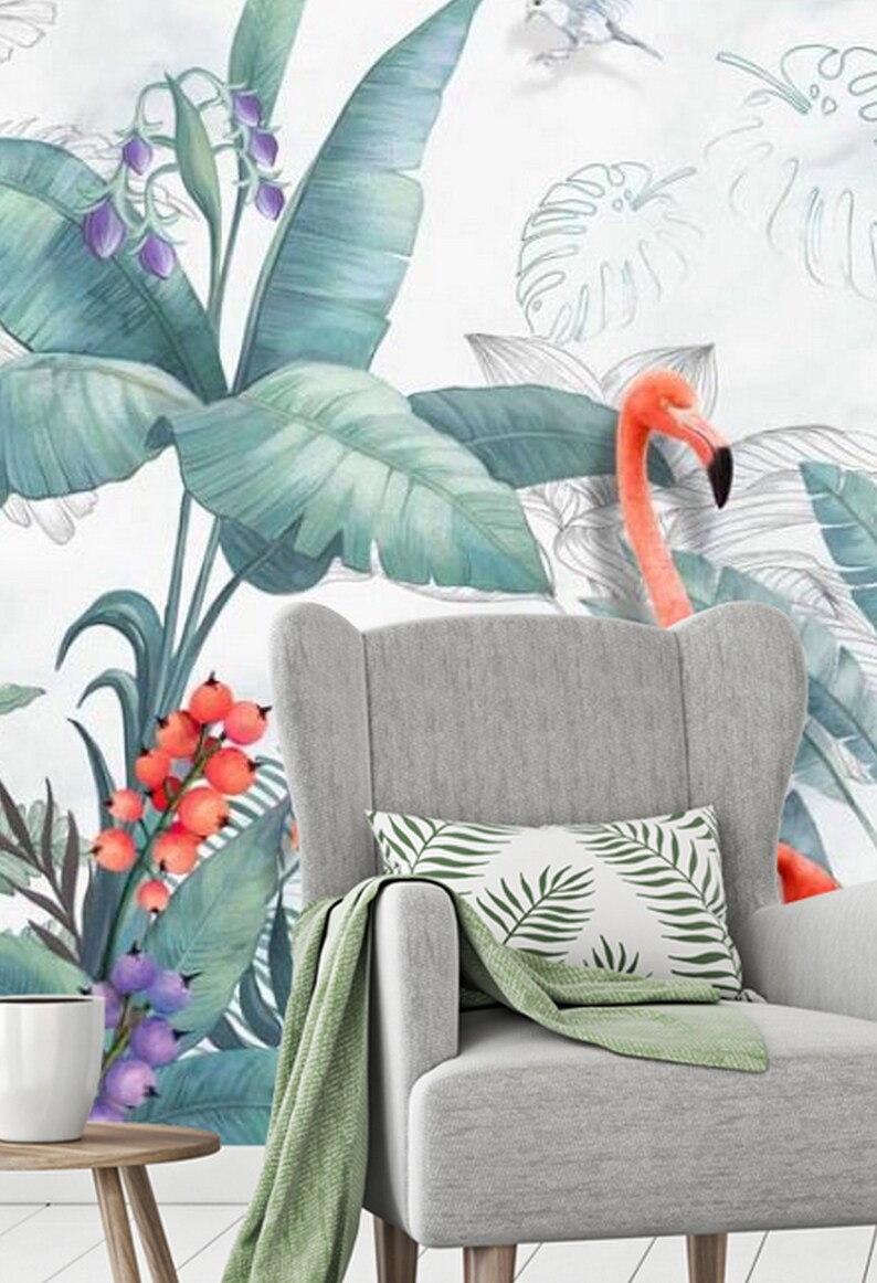 Flamingos Peel and Stick Wallpaper Floral Removable Decal Etsy