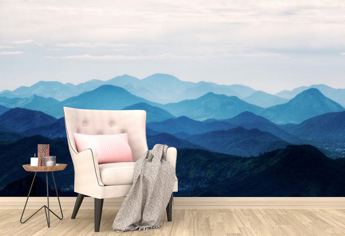 Blue mountains Peel and Stick wallpaper Floral Removable Etsy