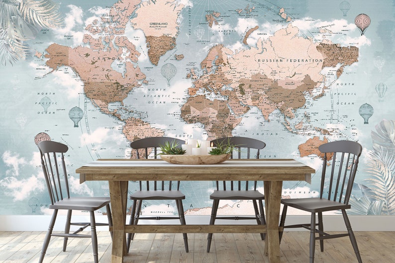 World Map Brown Theme Removable Wallpaper Office Wall Etsy
