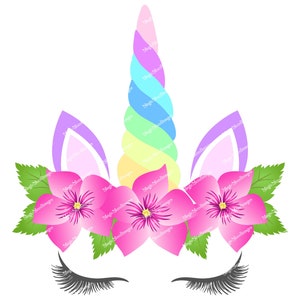 Cara De Unicornio Con Cuerno Arco Iris En Corona De Flores De Etsy