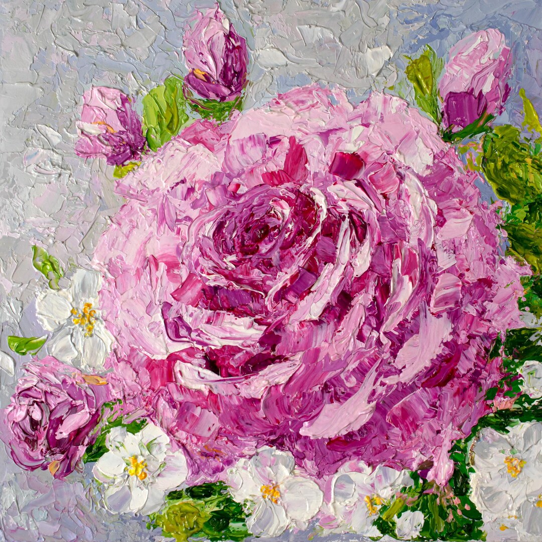Pink Rose Impasto Oil Painting With Small White Flowers. Textured ...