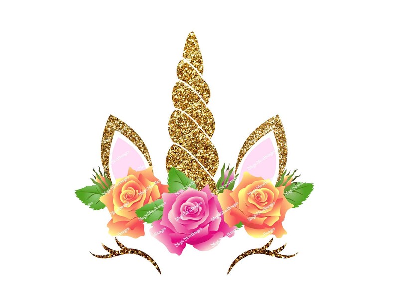 Unicorn Face With Golden Horn in Roses Flowers Wreath. Image Etsy