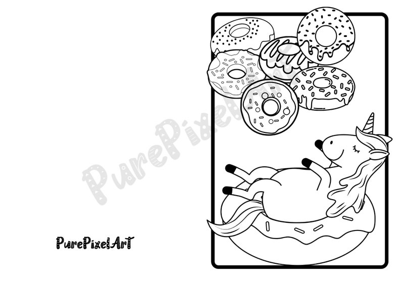 Unicorn and Donuts Printable Coloring Page Greeting Card | Etsy