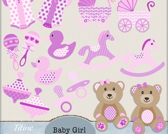 Baby Girl Clip Art Set Digital Baby Shower Clipart New Baby PNG Baby Party Clipart Teddy Bear PNG Invitation Baby Shower, Commercial Use