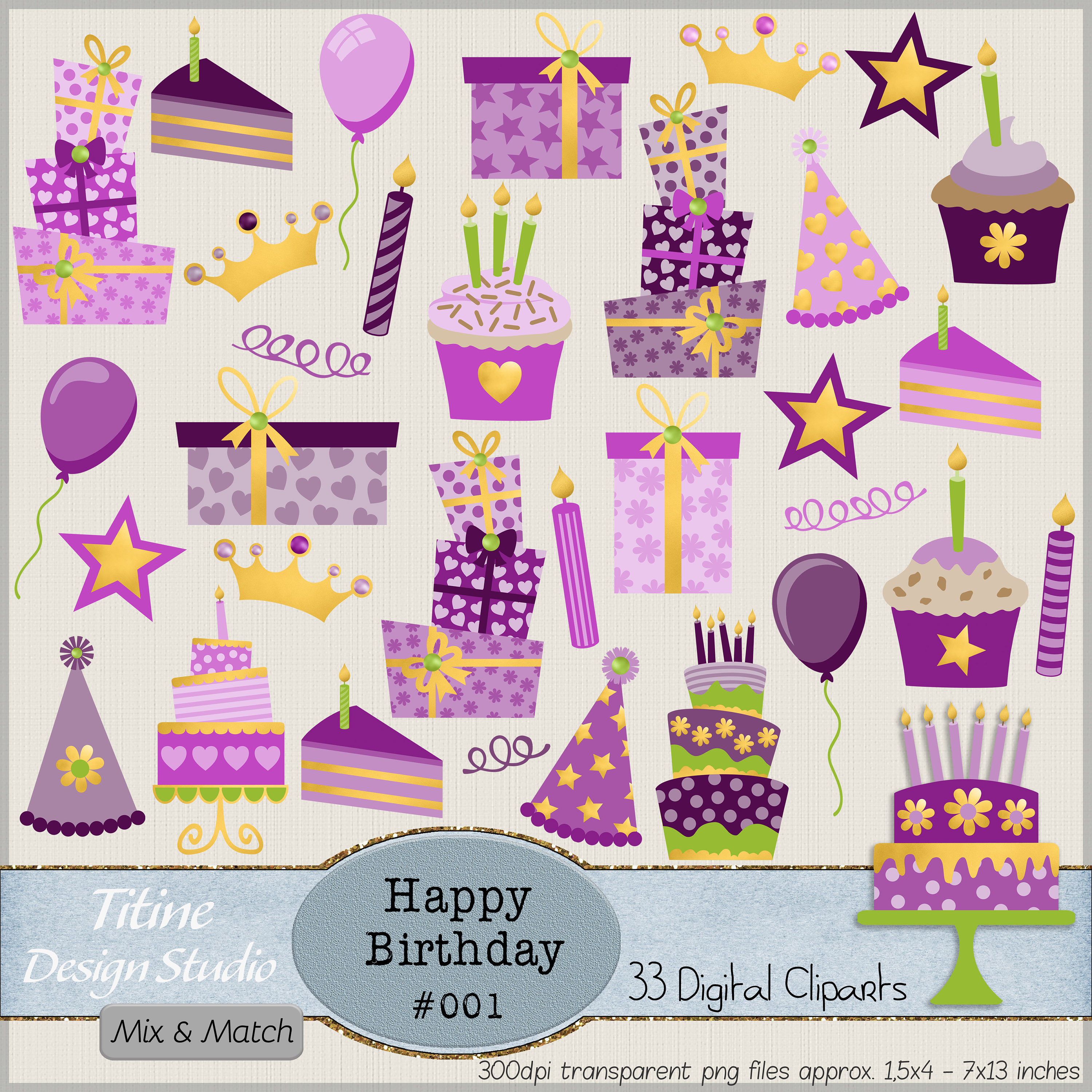 Digital Birthday Clip Art Set, Gold Birthday Clipart Party PNG Birthday