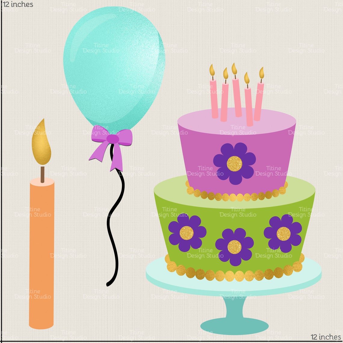 Digital Birthday Clip Art Set, Gold Birthday Clipart Party PNG Birthday