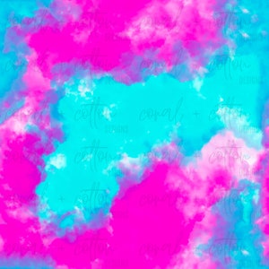 May include: Abstract digital seamless pattern with a tie-dye effect in shades of pink and blue. The pattern features a repeating design of clouds with the text "coral + cotton designs" throughout.
