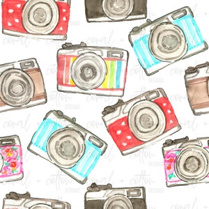 May include: A seamless pattern featuring watercolor illustrations of vintage cameras in various colors and patterns. The cameras are arranged in a repeating pattern on a white background.
