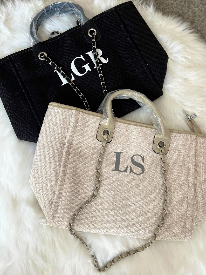 Personalised Chain Monogram Canvas Tote Bag | Shoulder Bag | Ladies Custom Handbag | Birthday Gift | Bride Bridesmaids | Gifts For Her. 