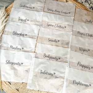 15 sacs de rangement pour maternité d'hôpital pour bébés Essentiels pour bébé Cadeau baby shower Future maman Étiquettes pour sacs de main-d'oeuvre et de livraison Nouveau bébé image 1