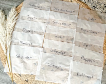 15 sacs de rangement pour maternité d'hôpital pour bébés | Essentiels pour bébé | Cadeau baby shower | Future maman | Étiquettes pour sacs de main-d'oeuvre et de livraison | Nouveau bébé |