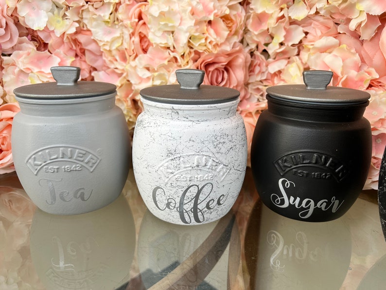 Kilner jars. Mrs Hinch inspired canisters, tea, coffee, sugar, hand painted, made to order, mixed colour with marble. 
