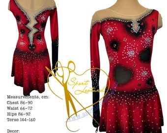 Red, black dress for Competition, dance performance, Ice Figure Skating Dress kürkleid rot, longsleeves, with skirt, Circus shows Costume