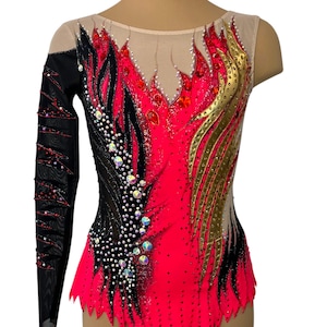 In stock beautiful gold, red, black, with skirt, one long sleeve, rhythmic gymnastics acrobatics leotard for performance competitions