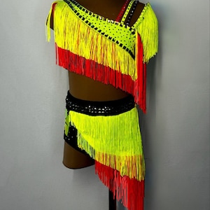 Two piece competition solo lyrical dance costume neon multi colors contemporary leotard latin dance ballroom fringe dress Performance ballet